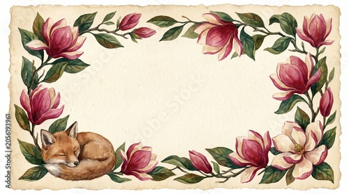 Vintage Watercolor Journal, Rustic Watercolor Stationery, Boho Journal Paper, Watercolor Magnolia Floral Border with Sleeping Fox