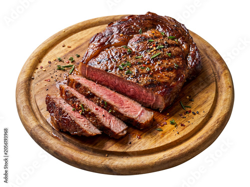 Juicy Medium Rare Grilled Ribeye Steak on Wooden Serving Board Isolated on Transparent Background