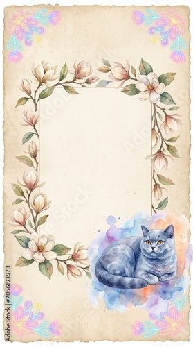 Vintage Watercolor Journal, Rustic Watercolor Stationery, Boho Journal Paper, Watercolor Magnolia Border with Cat Illustration