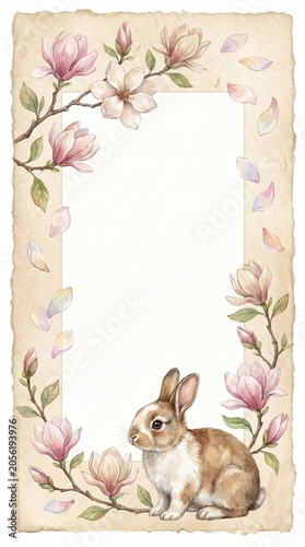 Vintage Watercolor Journal, Rustic Watercolor Stationery, Boho Journal Paper, Elegant Magnolia Border with Rabbit Watercolor Design