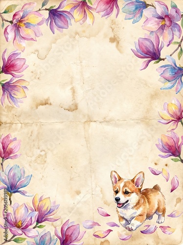Vintage Watercolor Journal, Rustic Watercolor Stationery, Boho Journal Paper, Playful Corgi Among Beautiful Magnolia Flowers