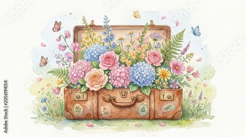 Vintage Watercolor Journal, Rustic Watercolor Stationery, Boho Journal Paper, Vintage Suitcase Filled with Colorful Flowers