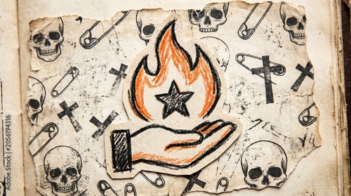 Vintage Watercolor Journal, Rustic Watercolor Stationery, Boho Journal Paper, Hand-Drawn Flame with Star and Skulls Background