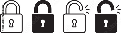 Obraz na płótnie Lock and unlock padlock icon set featuring closed and open symbols with motion lines in outline and solid filled black styles