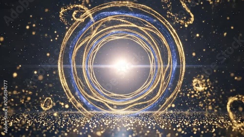 A glowing circular portal emits golden light particles against a dark blue background