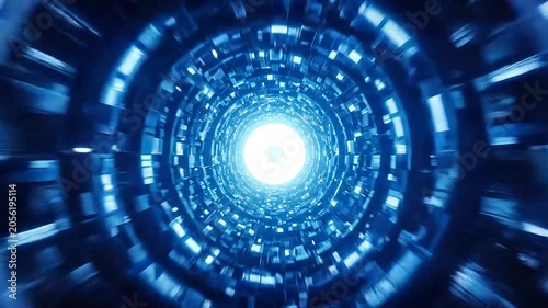 A bright blue circular tunnel creates a sense of rapid forward motion and speed