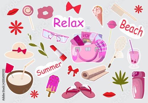 A set of summer vacation-themed stickers featuring beach and beauty accessories. A cute set of vector illustrations for a diary and planner, isolated on a gray background. Vector illustration.
