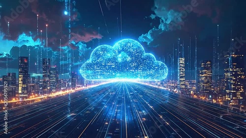 A glowing digital cloud floats above a futuristic city skyline at night