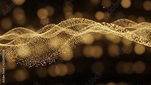 Abstract golden particles form flowing waves against a dark background