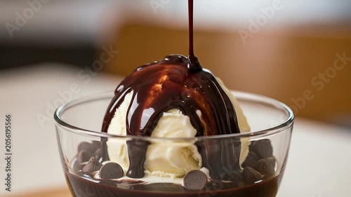 A scoop of vanilla ice cream is covered with rich dark chocolate sauce