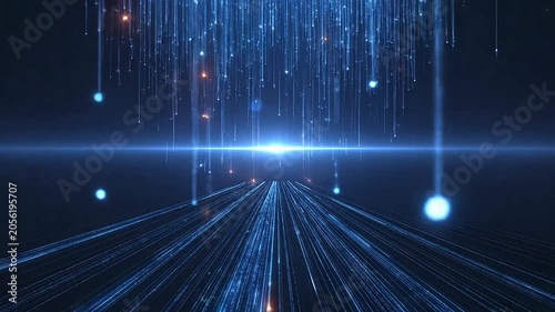 Abstract digital background with glowing blue light streaks and particles