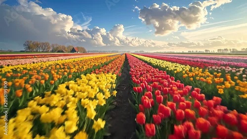 A vibrant field of colorful spring flowers stretches toward the horizon under clouds
