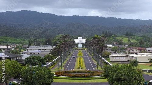 Laie Hawaii Temple Of The Church of Jesus Christ Of Latter-day Saints In Laie, Hawaii, United States. Aerial Shot