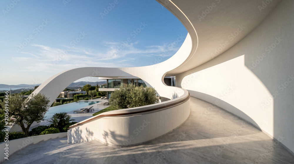 Fototapeta premium Modern curvilinear white architectural walkway overlooking a luxurious resort with a swimming pool and olive trees under a clear blue sky.