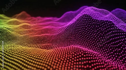 A vibrant digital landscape made of glowing colorful particles on a dark background