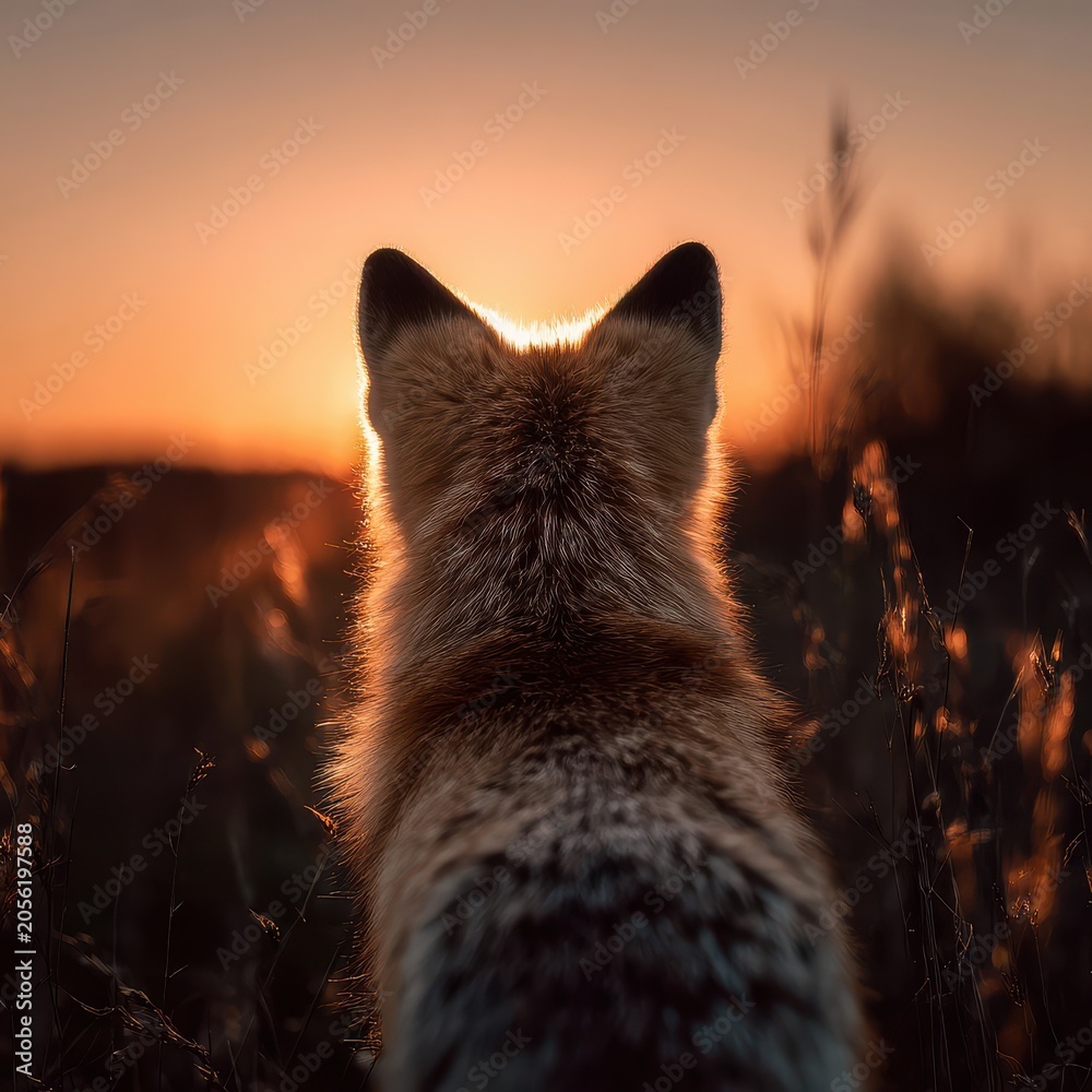 Fototapeta premium Red fox watching sunset in tall grass at golden hour