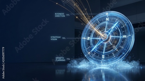 Compass digital hologram represents business direction and strategic vision through glowing data points in a sleek environment, emphasizing future growth planning and navigation for corporations.