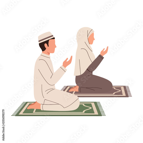 A man and a woman are kneeling on rugs while praying together in a peaceful manner