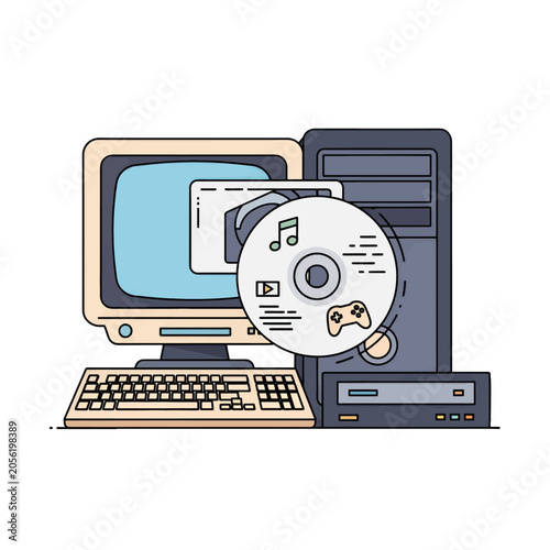 A vintage desktop computer setup with a digital storage disc in the foreground