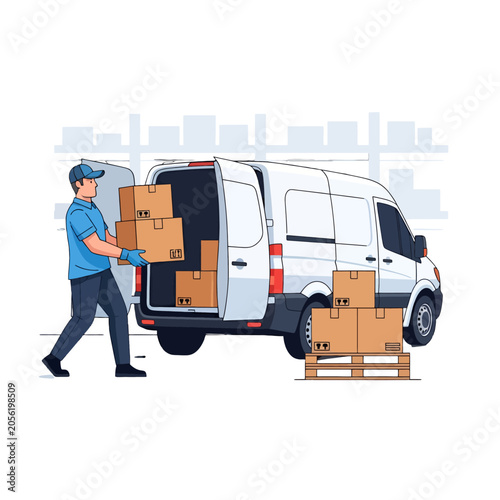 A delivery worker loads cardboard boxes into a white transport van