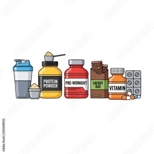 A collection of various fitness supplements and nutrition products arranged in a row