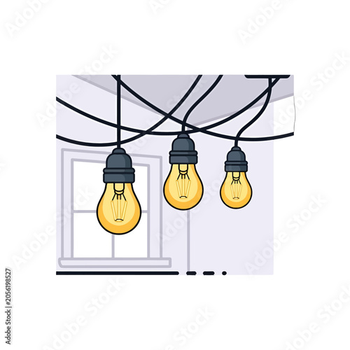 A set of glowing vintage light bulbs hanging from black electrical cords