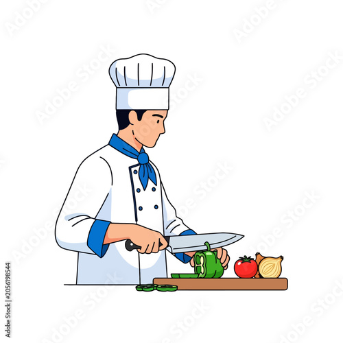 A professional chef is carefully slicing fresh green vegetables on a wooden board