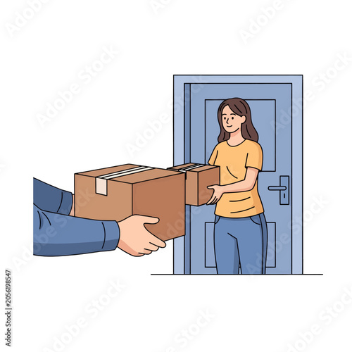 A delivery person hands over cardboard packages to a woman at her front door