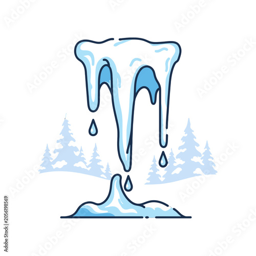 A stylized illustration of a melting icicle dripping onto a snowy ground surface