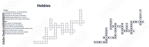 Crossword themed Hobbies with clues and solution, printable puzzle for adults and children, educational word game activity