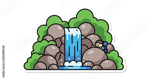 Cartoon Waterfall with Rocks and Trees.