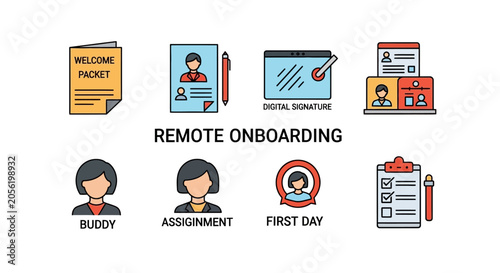Remote Onboarding Process Icons: Welcome Packet, Digital Signature, Buddy System, First Day