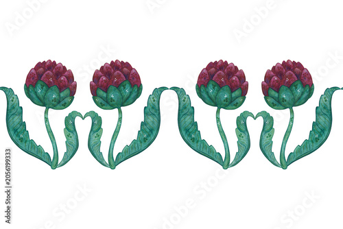 Seamless border of artichoke flowers, hand-drawn watercolor illustration, cartoon. Design for stickers, cards, scrapbooking. Plant, green, pink, flower, nature
