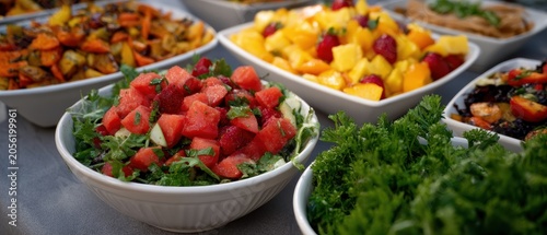 A vibrant and healthy catering buffet spread featuring a delicious variety of fresh salads, including watermelon, fruit, and roasted vegetables, presented in elegant white bowls.