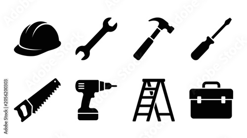 Construction tools and equipment icon vector collection featuring helmet, wrench, hammer, screwdriver, saw, drill, ladder, and toolbox for building, repair, and industrial design projects.