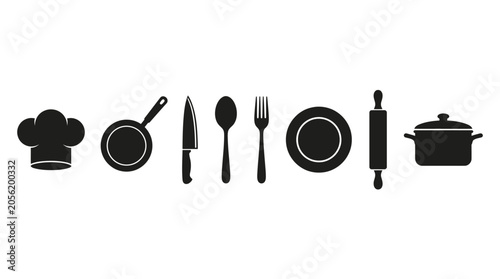 Kitchen utensil and cooking icon vector collection featuring chef hat, knife, pan, spoon, fork, plate, rolling pin, and pot for culinary, restaurant, and food design projects.