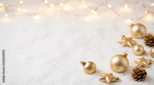 Christmas decorations with golden baubles and pinecones on snow  