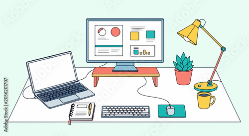 home office workspace with laptop and desktop computer