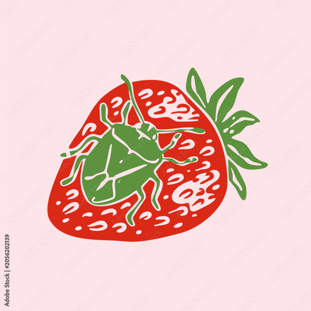 Obraz premium Juicy ripe Strawberry. Whole red berry with green bug on it. Healthy, tasty fresh fruit. Hand drawn trendy Vector illustration. Isolated design element. Icon, logo, print, sticker, poster template