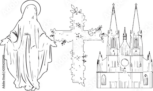 Line art of Virgin Mary statue, floral cross and church facade on white background religious figure