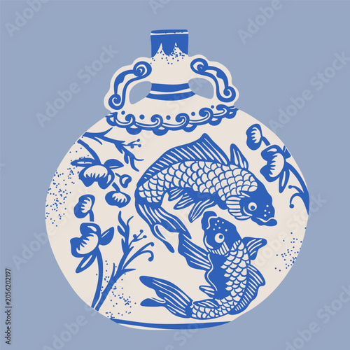 Traditional asian Chinese ceramic Vase. White blue porcelain. Beautiful fish ornament. Vintage oriental pottery. Unique shape. Hand drawn trendy Vector illustration. Isolated design element