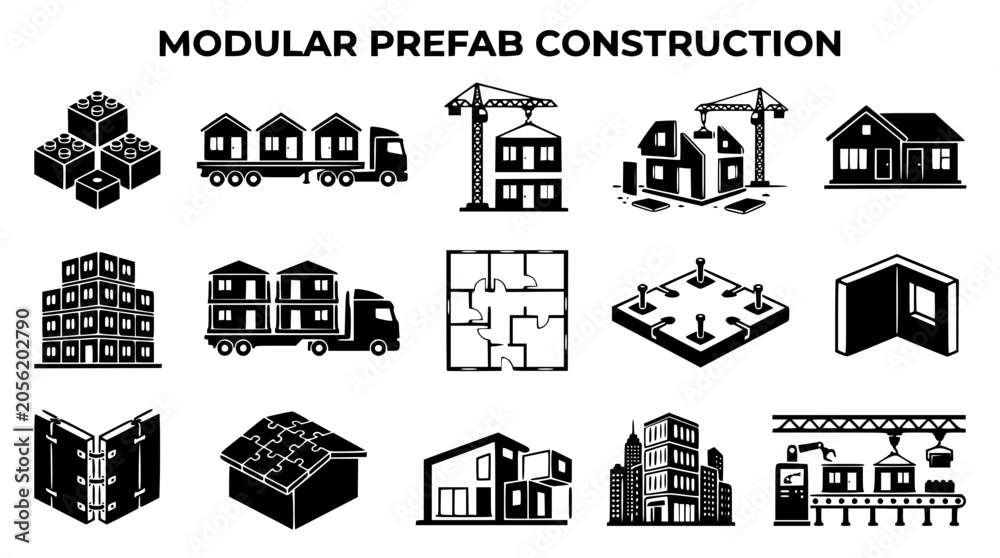 Fototapeta premium Modular prefab construction vector icons set for building design