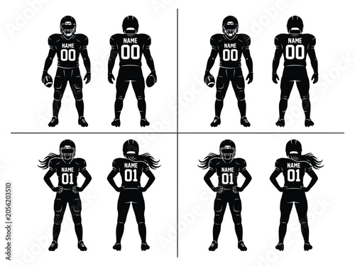 American Football Player Male and Female Black Silhouette Set with Jersey Number Name Plate in Various Poses on White Background for Sports Team Design