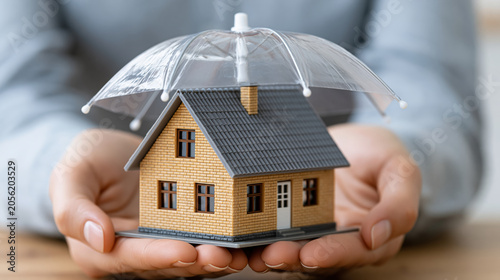 Miniature house with gray roof protected by transparent umbrella held in hands symbolizing home insurance and safety