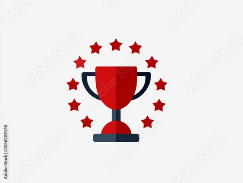 Minimalist Red Trophy Icon With Orbiting Stars Isolated On A White Background