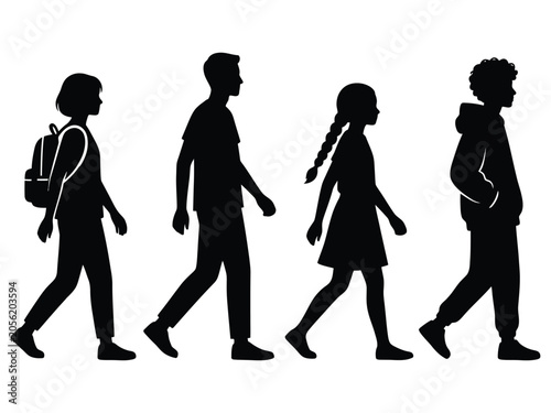 Group of Young People Walking Black Silhouette Set with Students Boy Girl Teen and Youth Figures in Side View on White Background