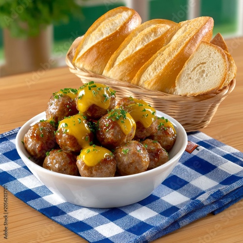 Bowl Of Savory Meatballs With Creamy Mustard Sauce And Fresh Crusty Bread On A Rustic Table