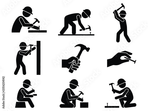 Construction Worker Silhouette Icon Set Collection of Black Pictogram People Working with Hammer Tools in Various Labor Poses on White Background