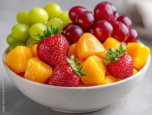 Fresh Fruit Bowl Featuring Strawberries Mango And Grapes In A White Bowl