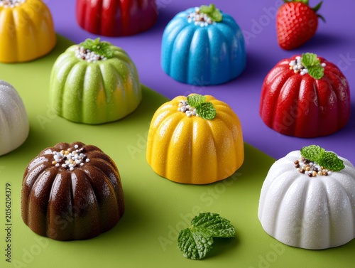 Colorful Rainbow Jelly Desserts Arranged On A Divided Green And Purple Background With Strawberries